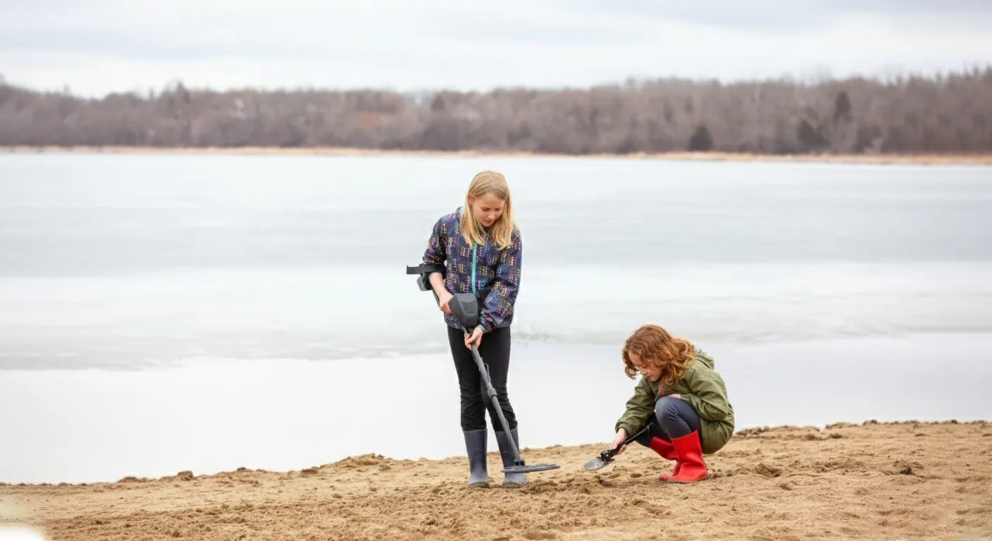 2 kids are finding treasure on the beach.