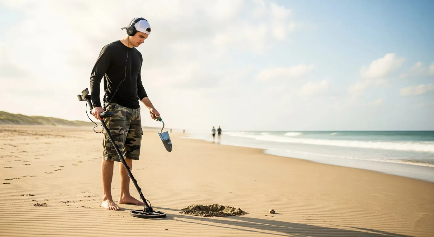 A man is man is using a metal detector to do a beach detecting.