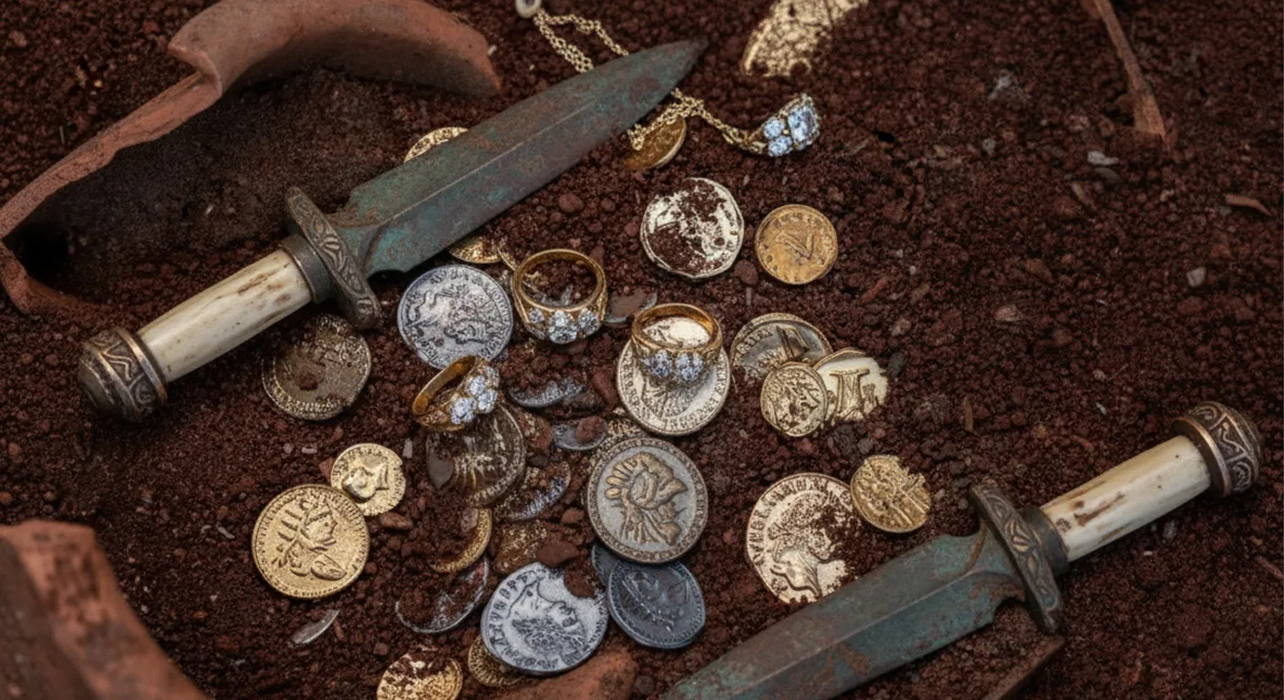 Metal detecting finds including coins, knives and diamonds.