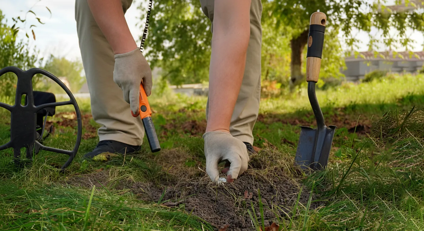 A man uses meteal detector to detect silver coin.