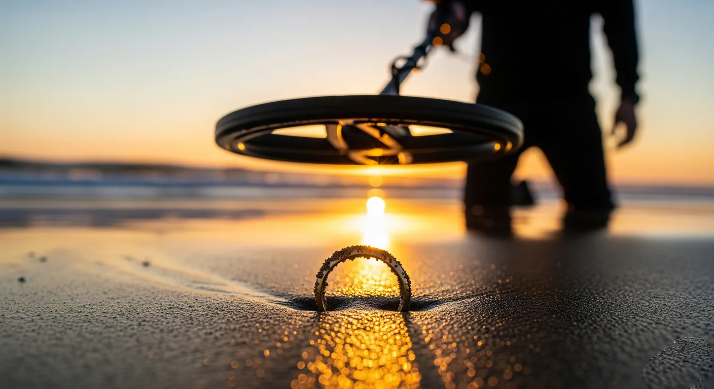 A gold ring is detected on the sand.