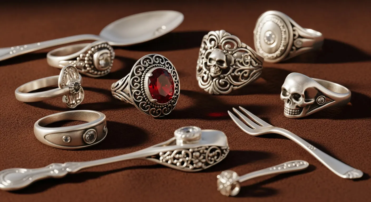 A bunch of silver jewery and kitchen tableware.