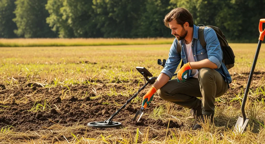 A man equipped a comprehensive siut is using a metal detector to hunt gold.